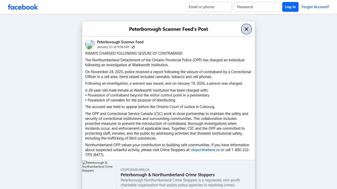 INMATE CHARGED FOLLOWING... - Peterborough Scanner Feed Facebook